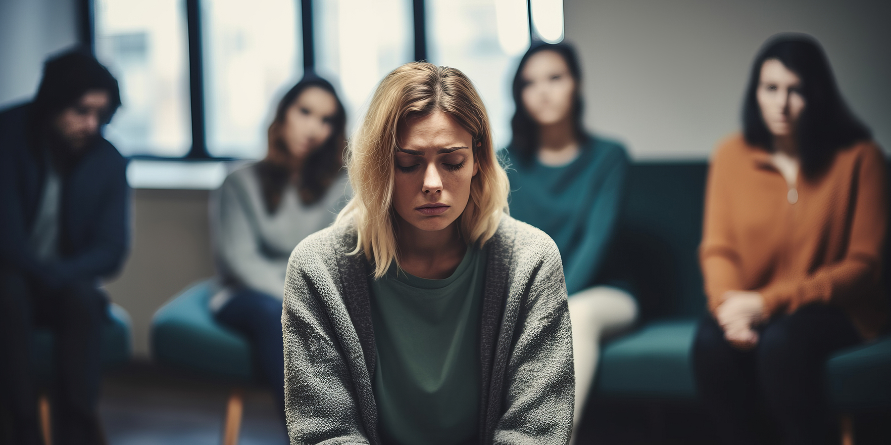 Woman contemplating drug rehab options surrounded by friends